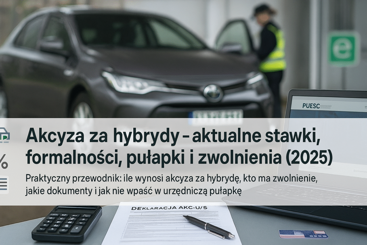 Hyundai lub Toyota Hybrid podczas kontroli celnej, dokumenty i laptop na stole, baner informacyjny o akcyzie za hybrydy w 2025 roku