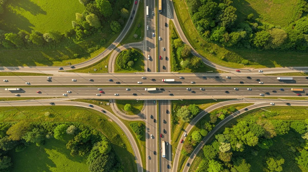Widok z góry na węzeł autostradowy z wieloma pasami ruchu łączącymi się w zielonym otoczeniu, typowym dla letniej pory roku. Scena ta ilustruje skomplikowaną infrastrukturę dróg krajowych i autostrad, co może być istotne dla osób planujących wynajem samochodu na długie trasy.
